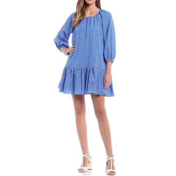 LDT Dresses & Skirts - LDT Mini Dress Seersucker Beach Preppy Coastal Puff Sleeve 4 Blue White Sorority